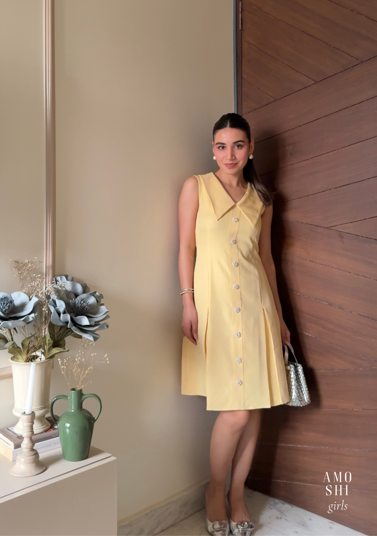 Eva Mini Dress with Embellished Flowers (Butter Yellow)
