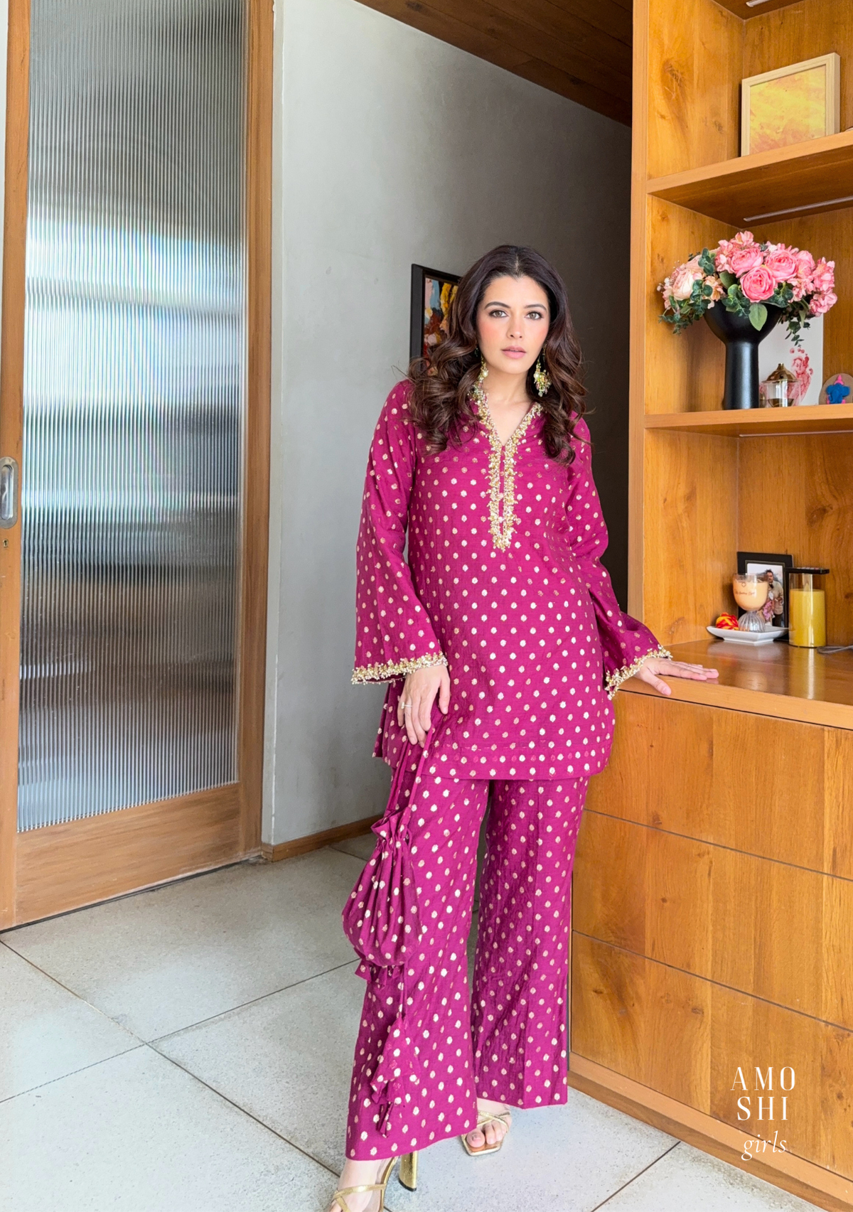 Begum Co-ord Set with Potli As Seen on Natasha Luthra (Berry Wine)