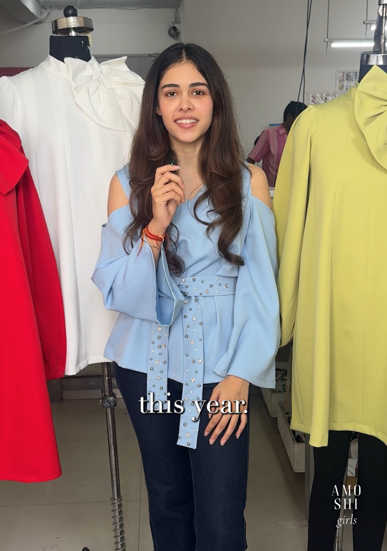 Cold Shoulder Top with rhinestone belt (Powder Blue)