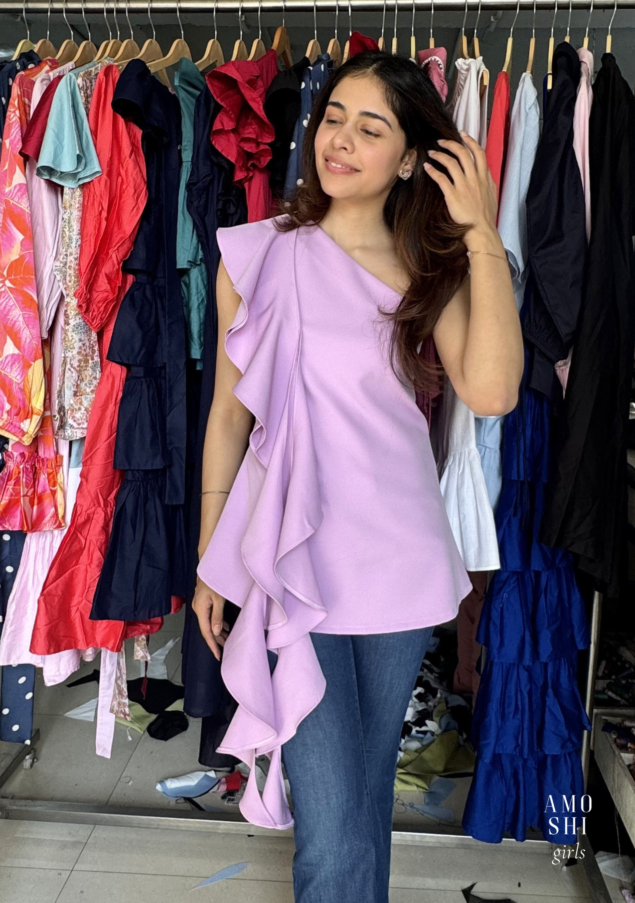 One-Shoulder Cascade Top (Lilac)