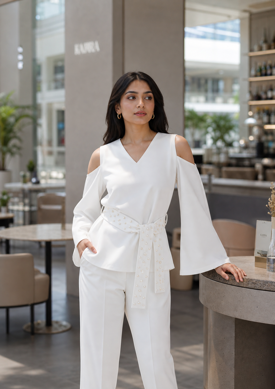 Cold Shoulder Top with Pearl belt (White)