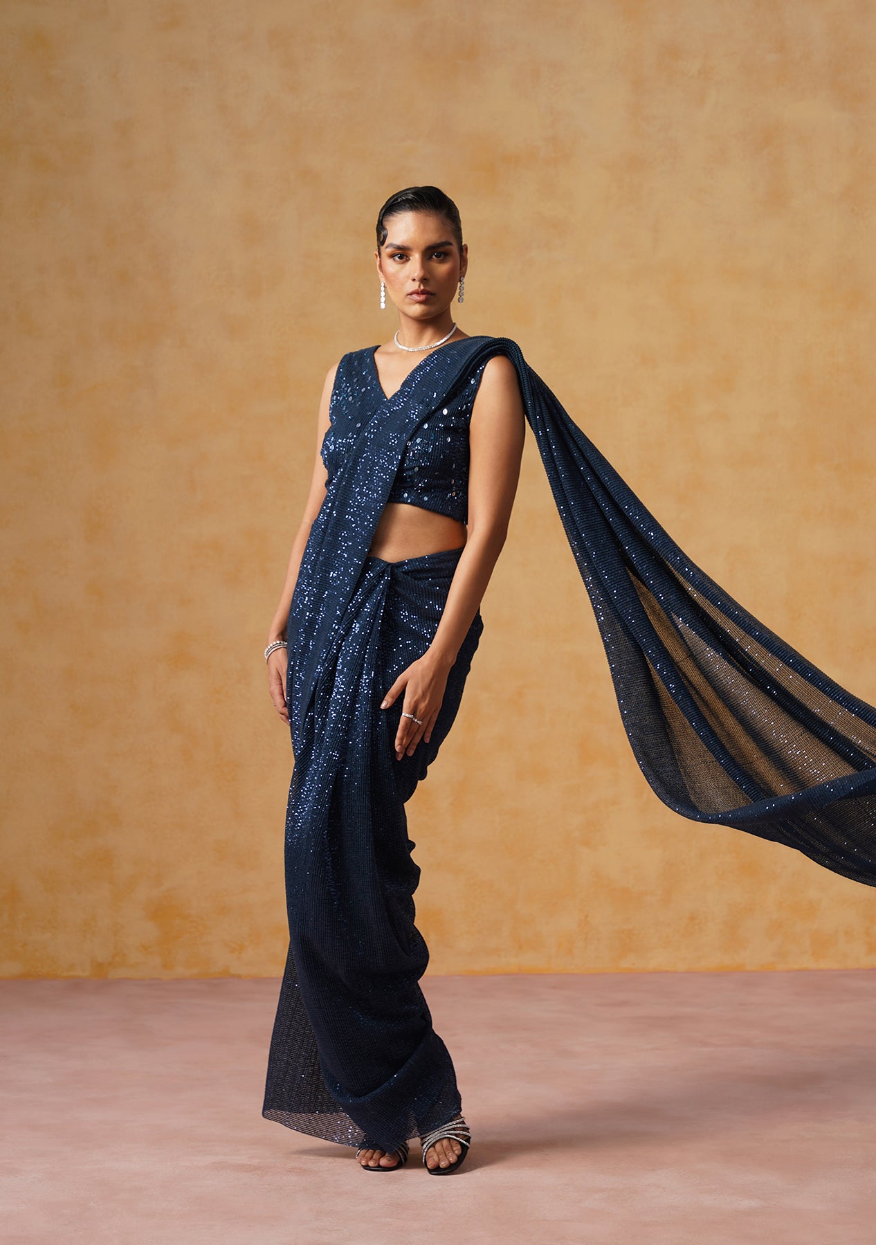 Inaya Sequin Pre-Draped Saree (Midnight Blue)