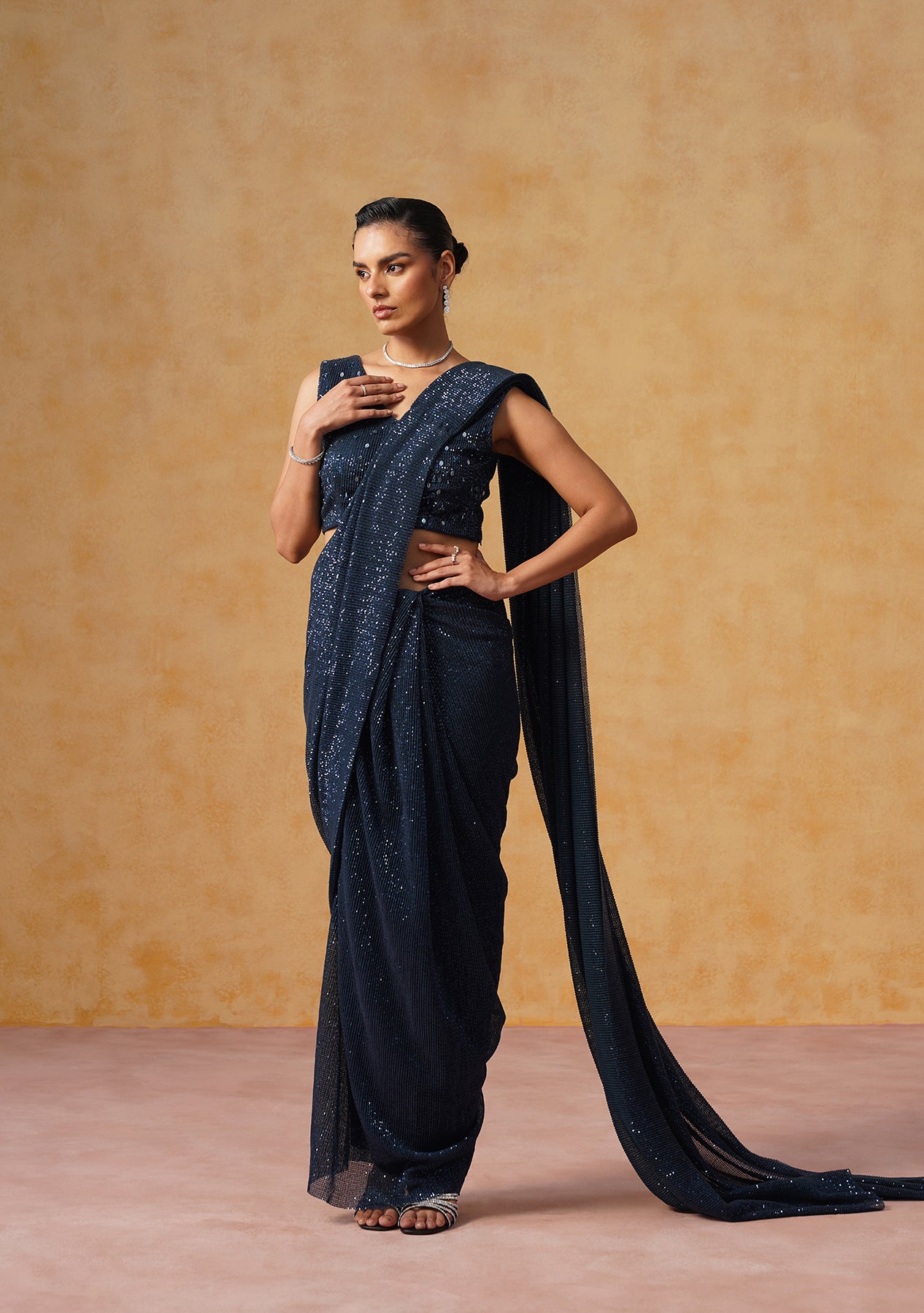 Inaya Sequin Pre-Draped Saree (Midnight Blue)