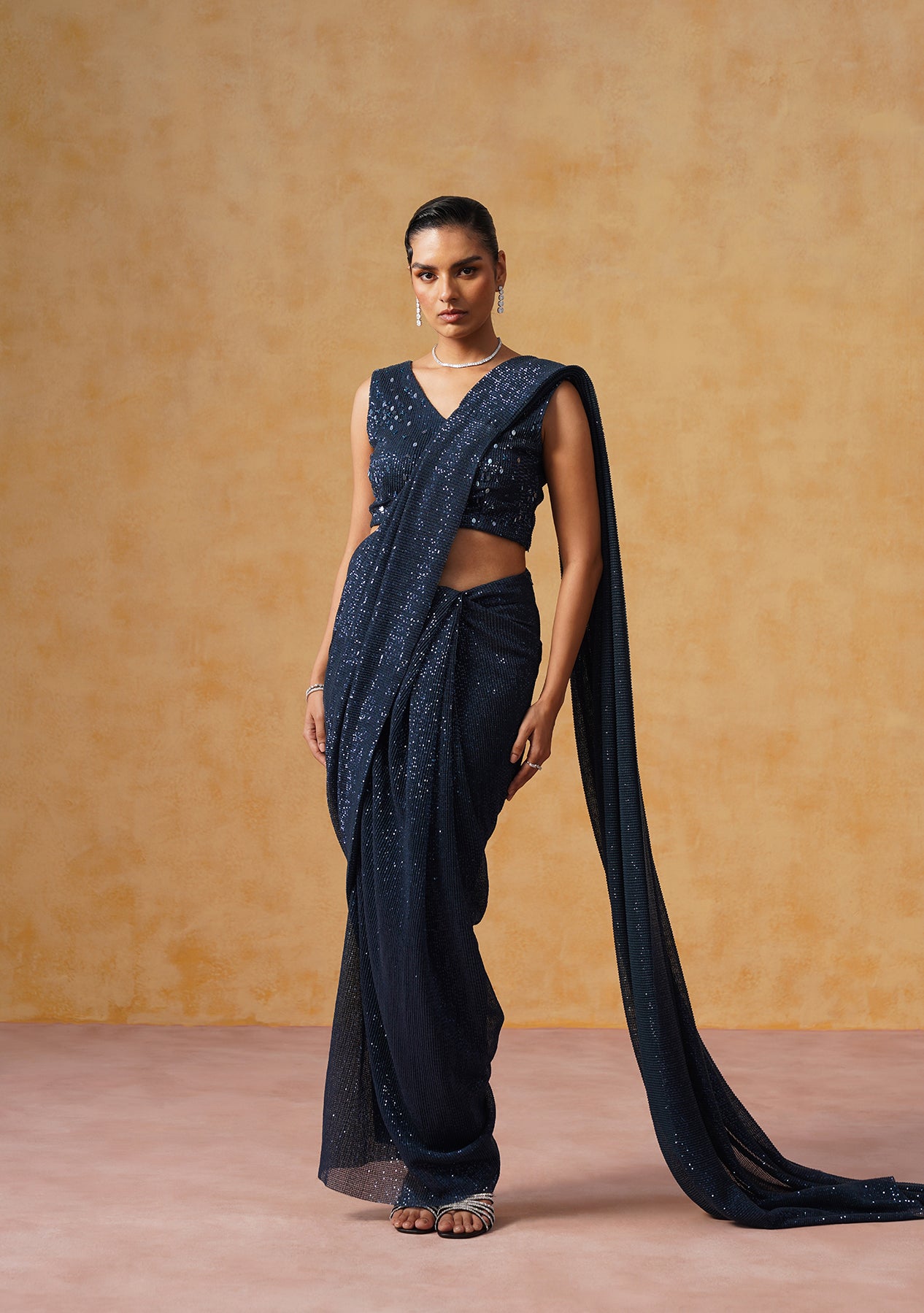 Inaya Sequin Pre-Draped Saree (Midnight Blue)
