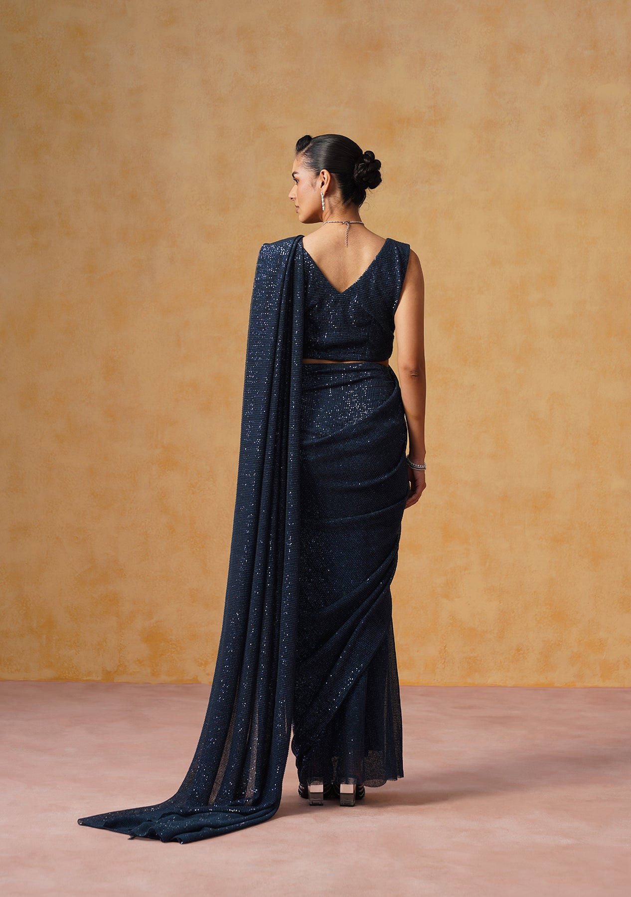 Inaya Sequin Pre-Draped Saree (Midnight Blue)