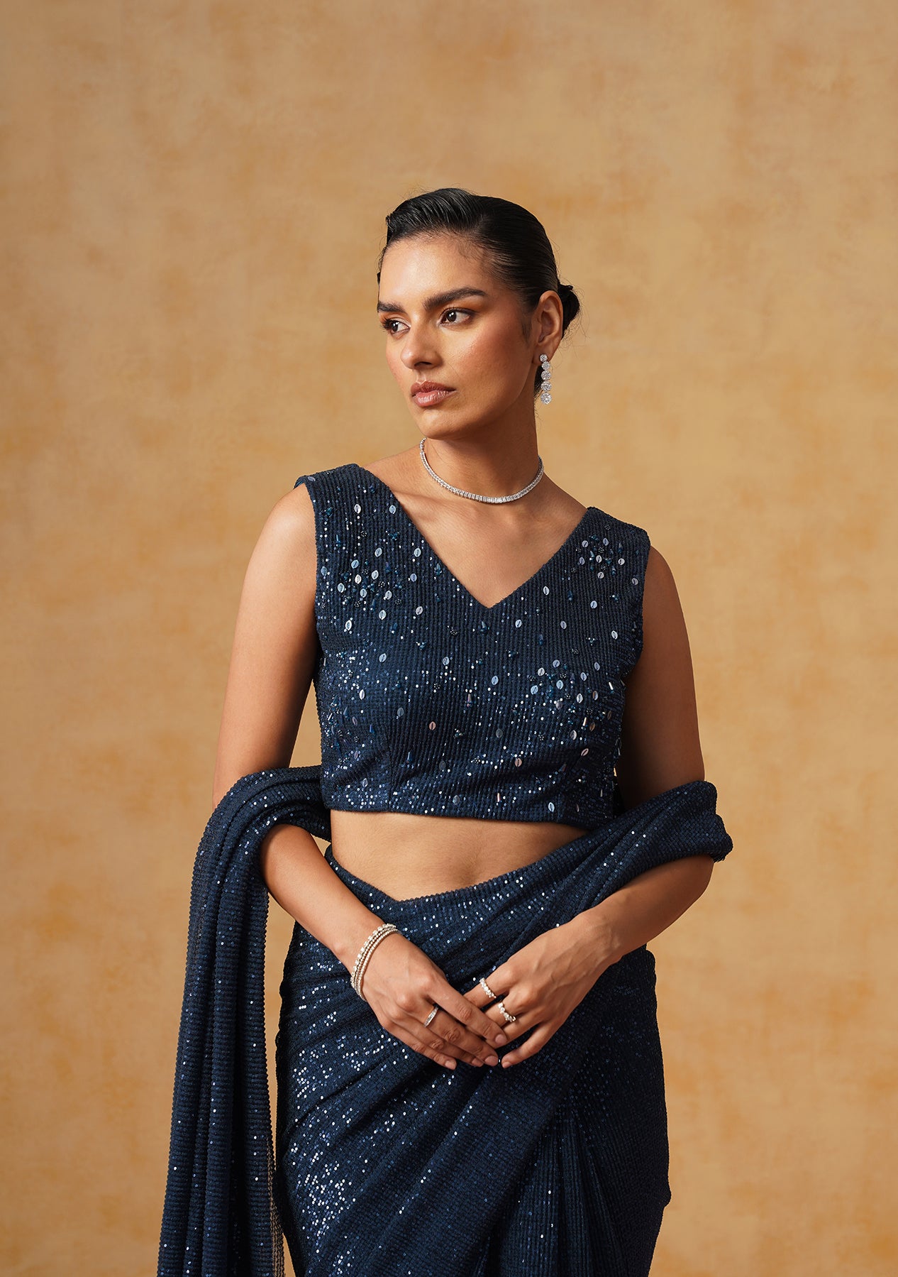 Inaya Sequin Pre-Draped Saree (Midnight Blue)