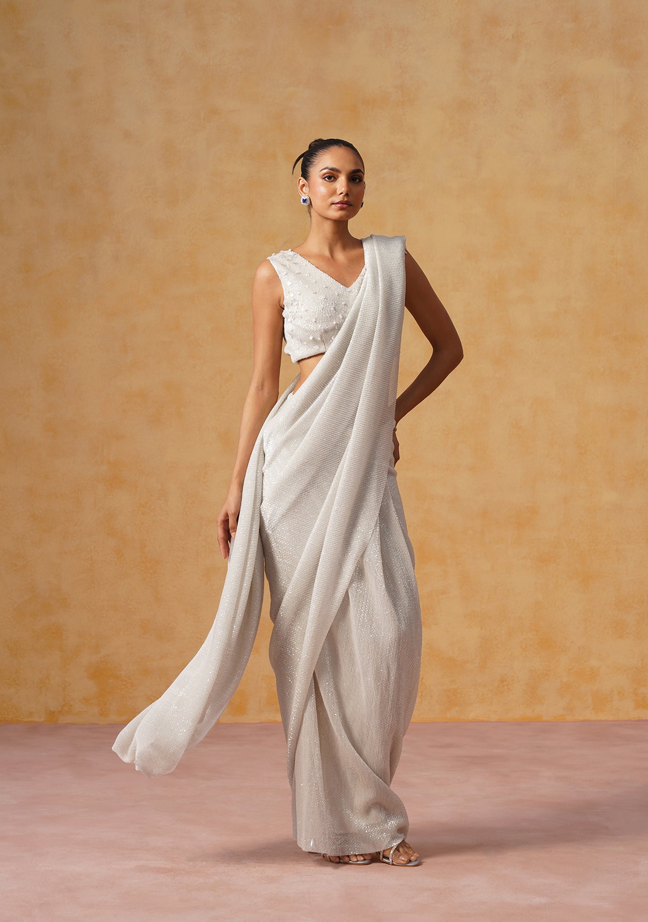 Inaya Sequin Pre-Draped Saree (Ivory)