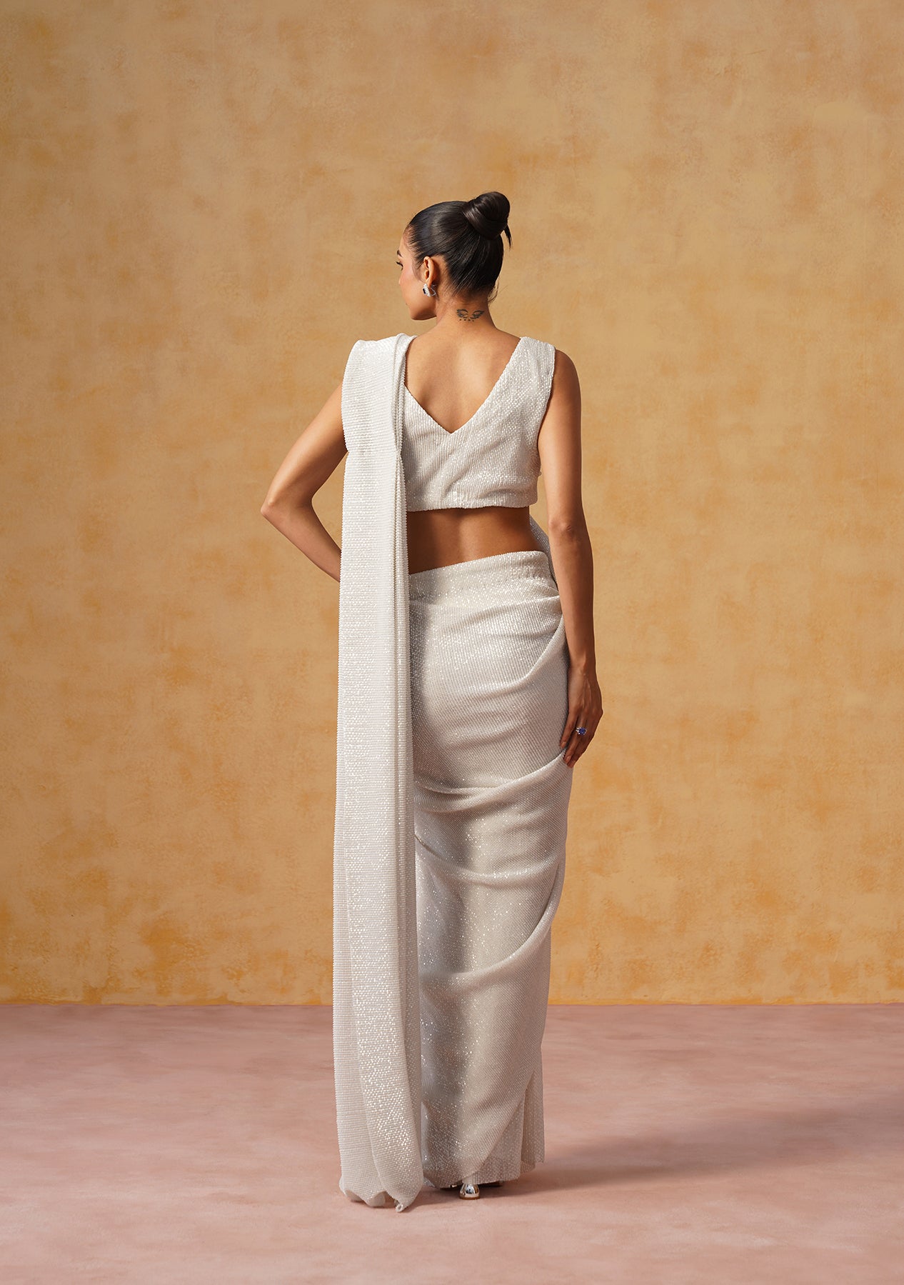 Inaya Sequin Pre-Draped Saree (Ivory)