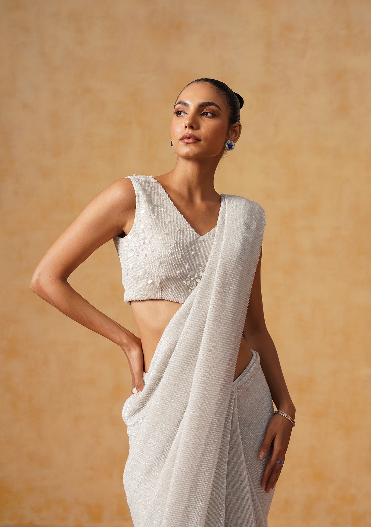 Inaya Sequin Pre-Draped Saree (Ivory)