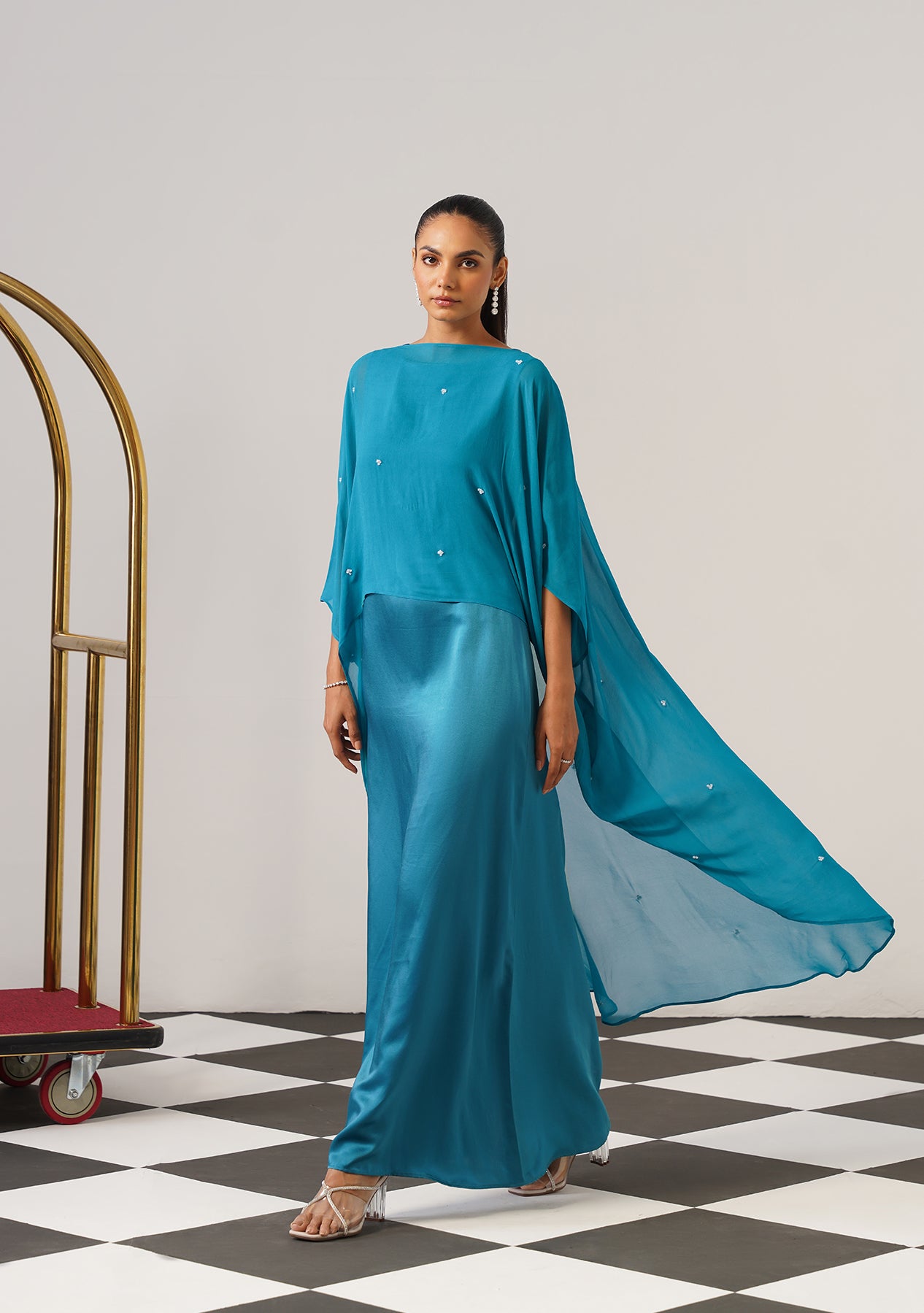 sachin and babi light blue dress Helena Gown with Embroidered Cape (Teal)