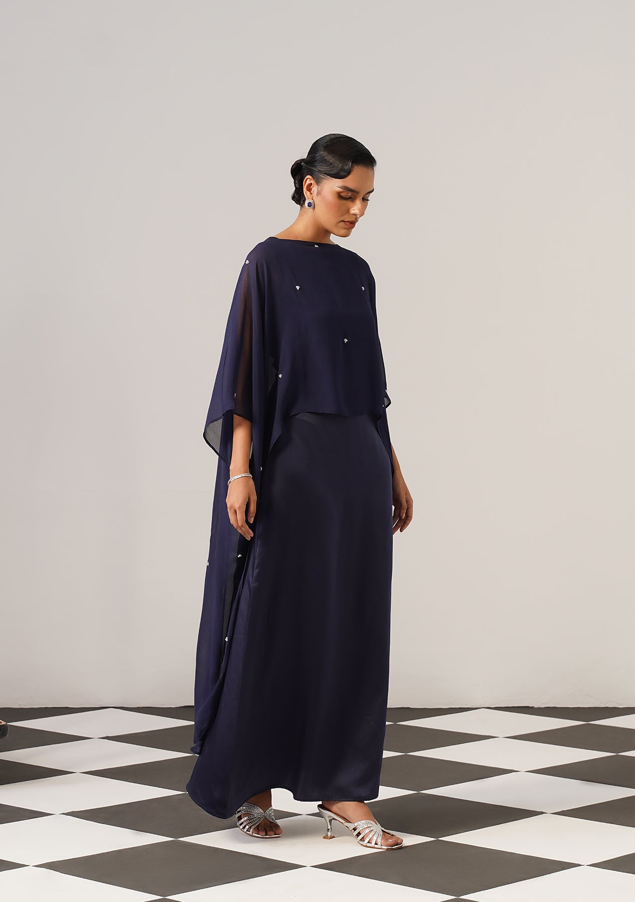 Helena Gown with Embroidered Cape (Navy)