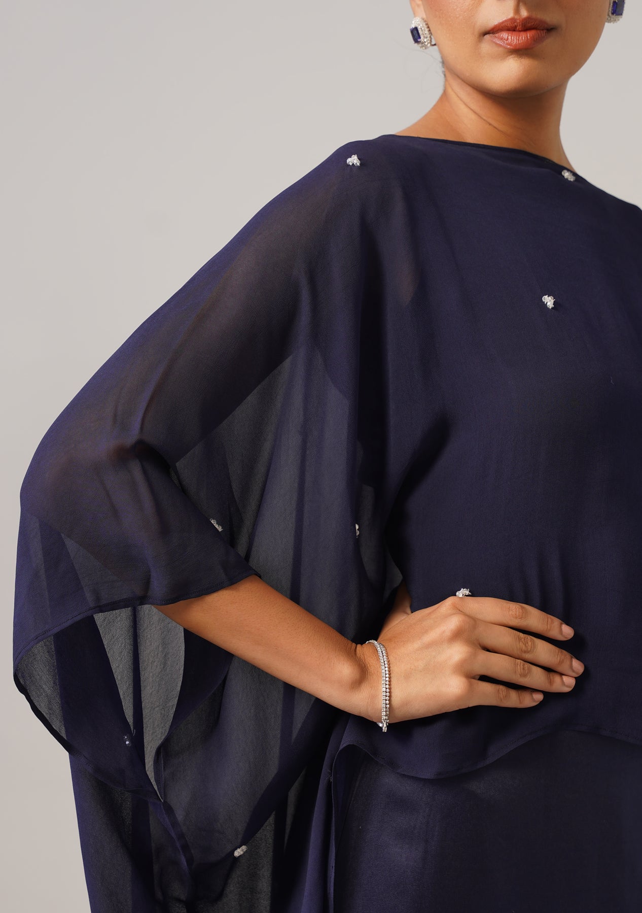 Helena Gown with Embroidered Cape (Navy)