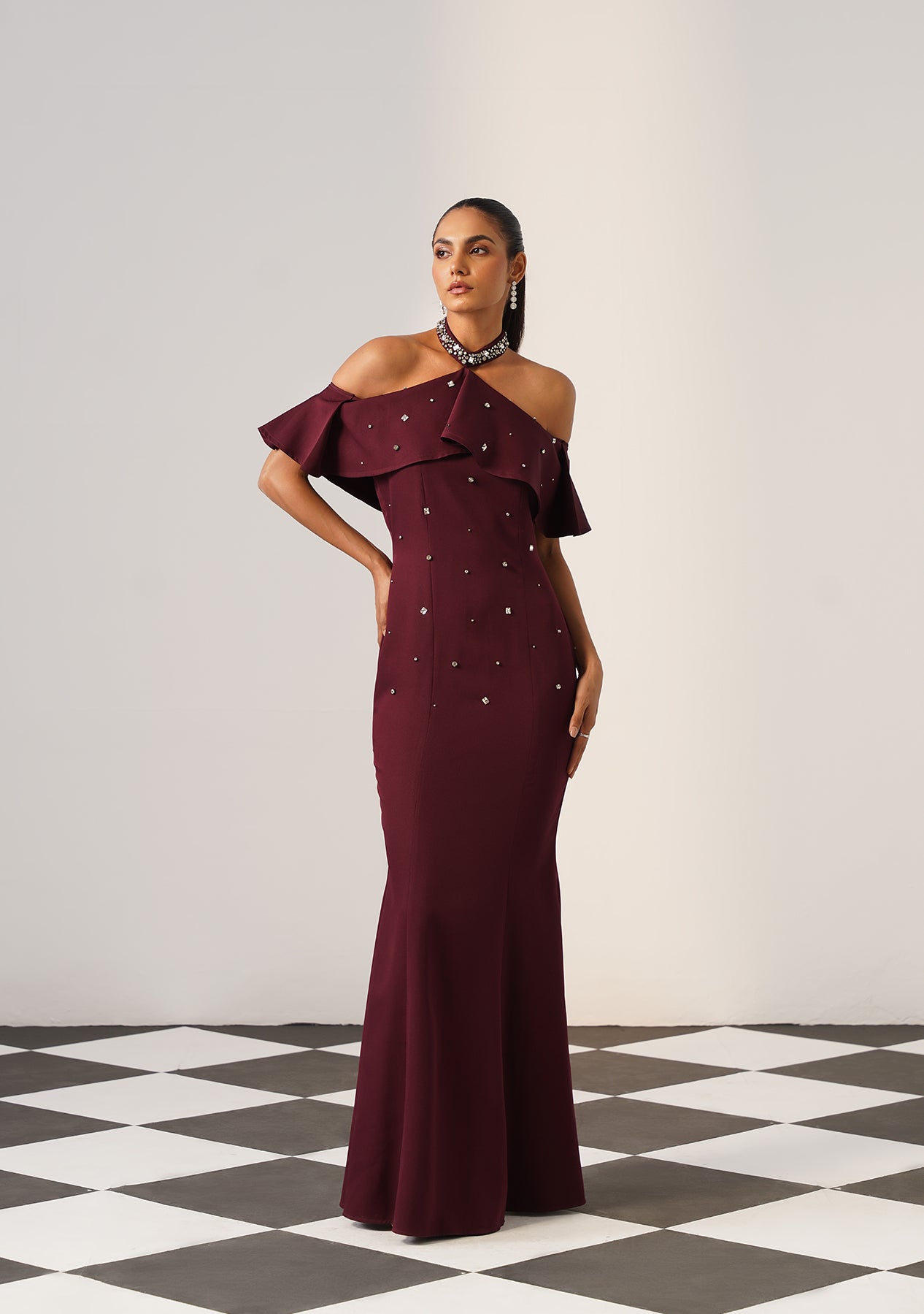 Elysia Rhinestone Gown (Burgundy)
