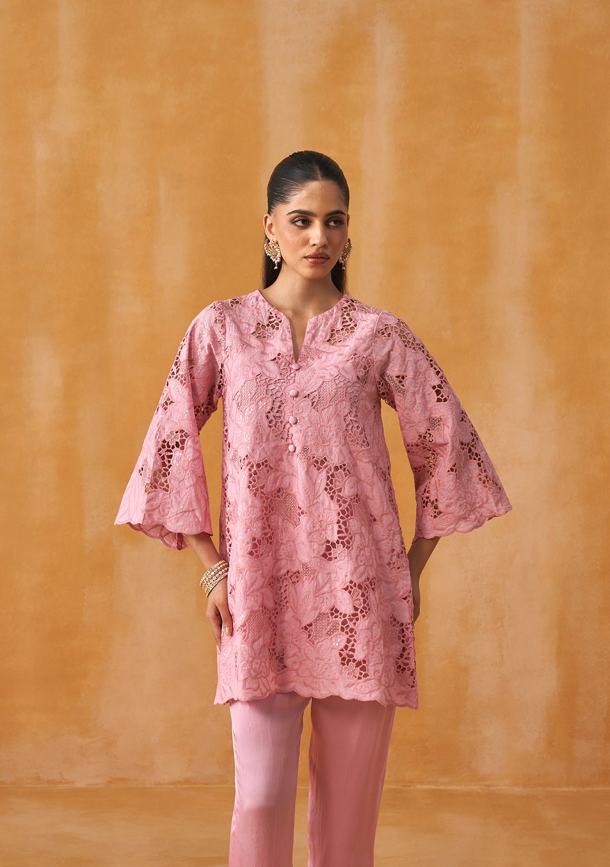 Adaa Cutwork Co-ord Set (Baby Pink)