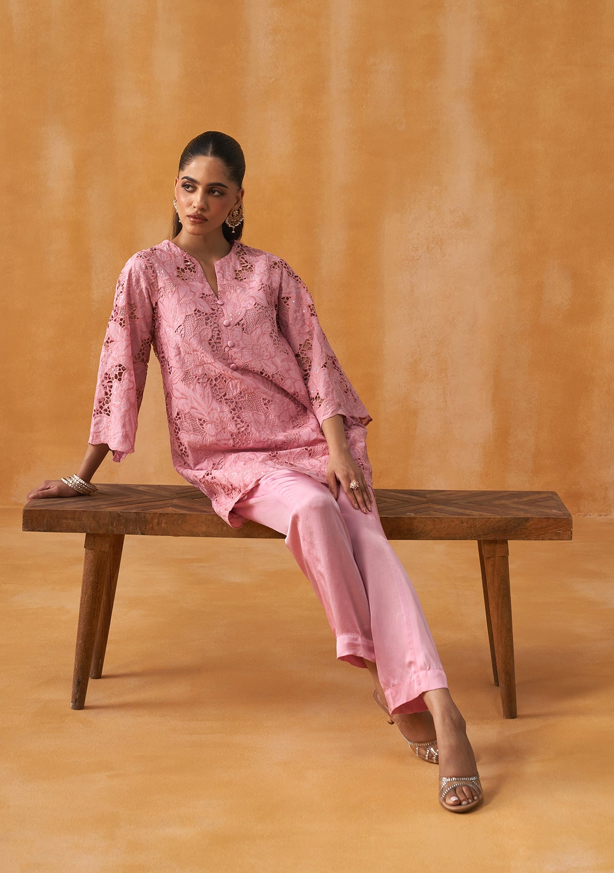 Adaa Cutwork Co-ord Set (Baby Pink)