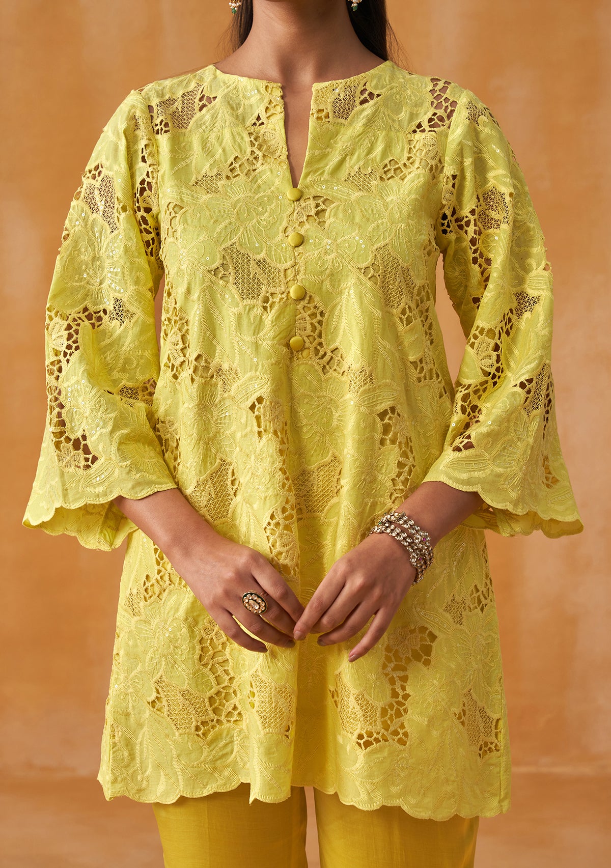 Adaa Cutwork Co-ord Set (Yellow)