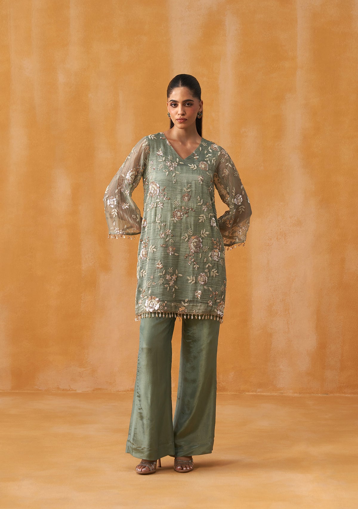 Crushed Tissue Mehfil Co-ord Set (Dusty Sage)