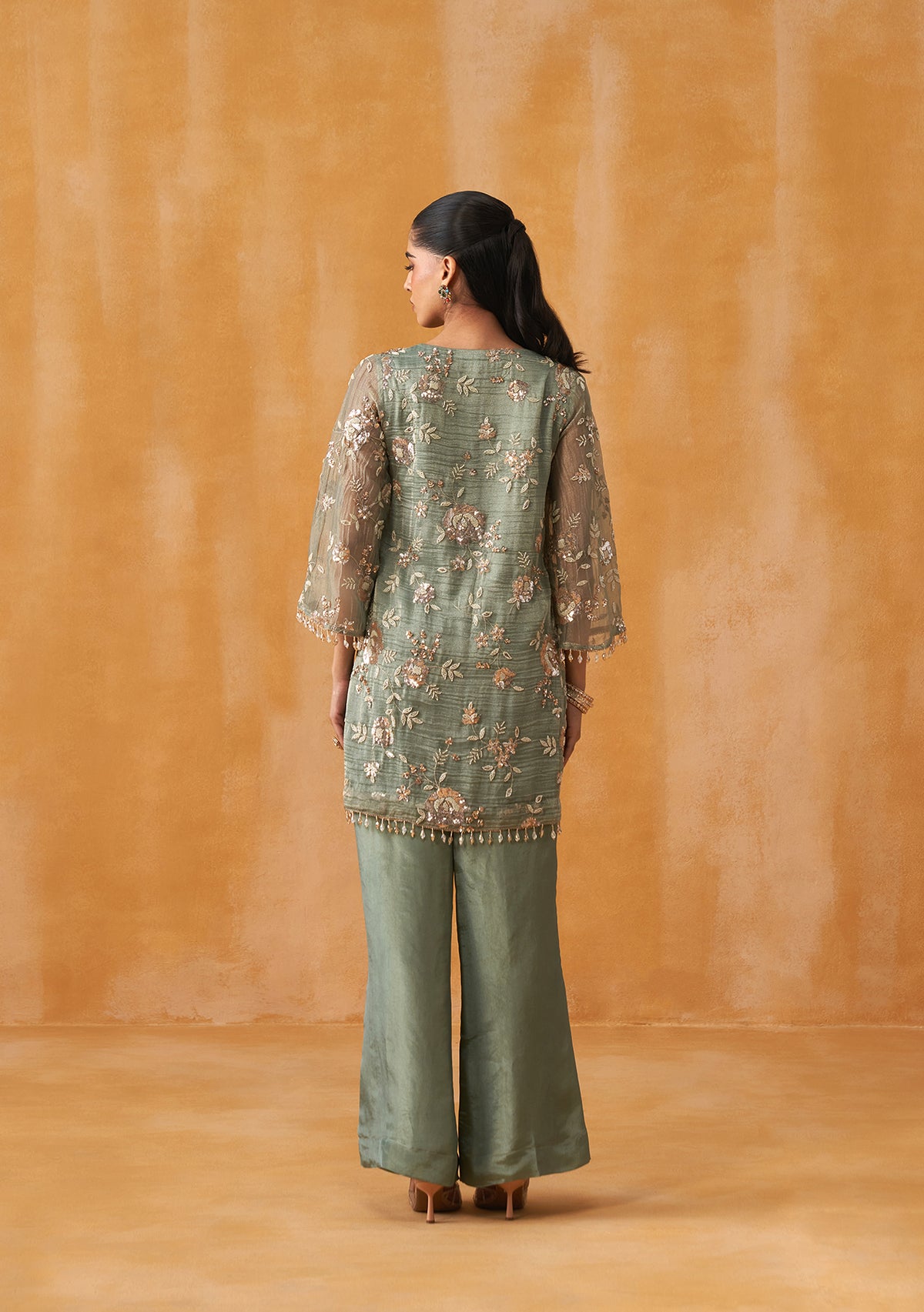 Crushed Tissue Mehfil Co-ord Set (Dusty Sage)