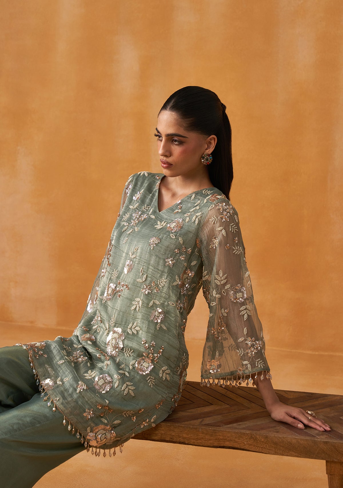 Crushed Tissue Mehfil Co-ord Set (Dusty Sage)