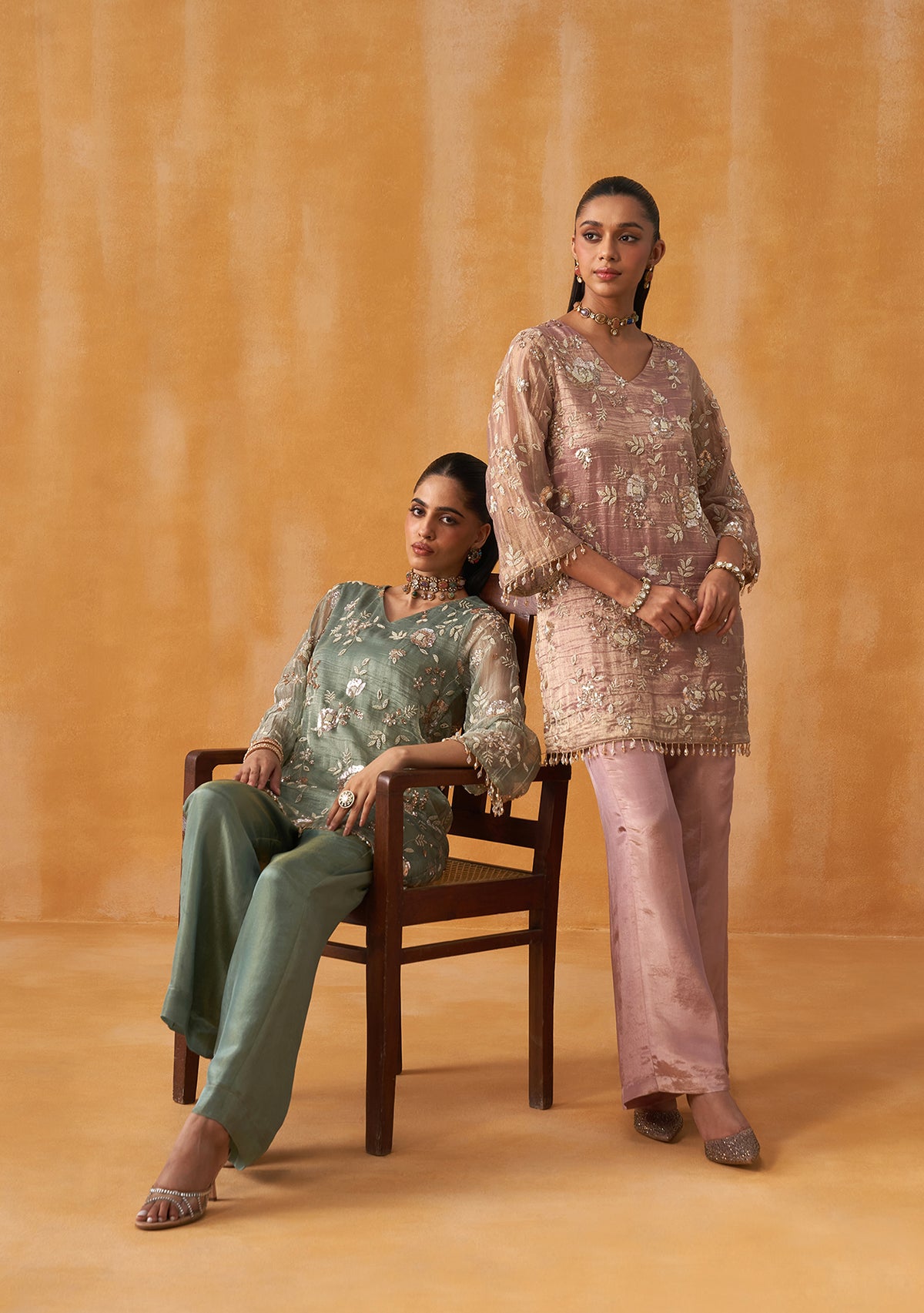 Crushed Tissue Mehfil Co-ord Set (Dusty Rose)