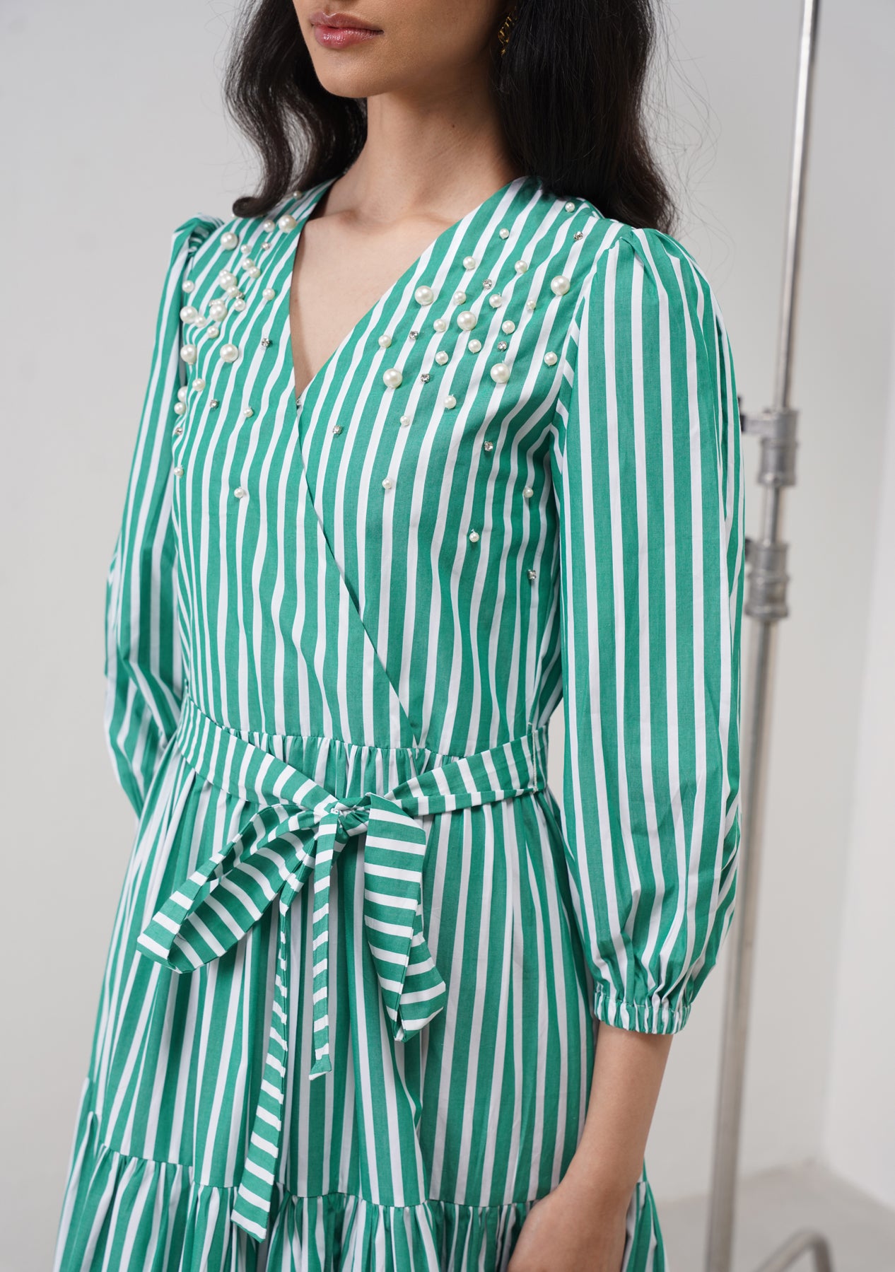 Limited Edition - Marina Embellished Midi Dress (Green Striped)