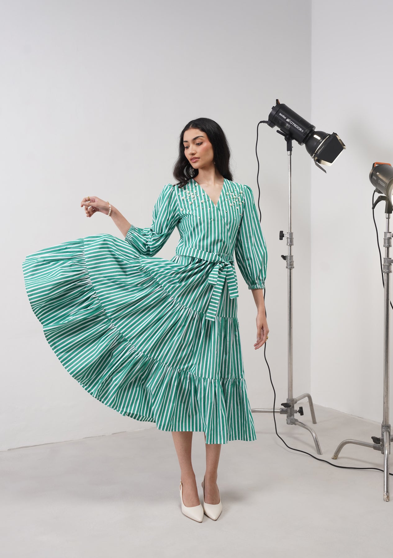 Limited Edition - Marina Embellished Midi Dress (Green Striped)