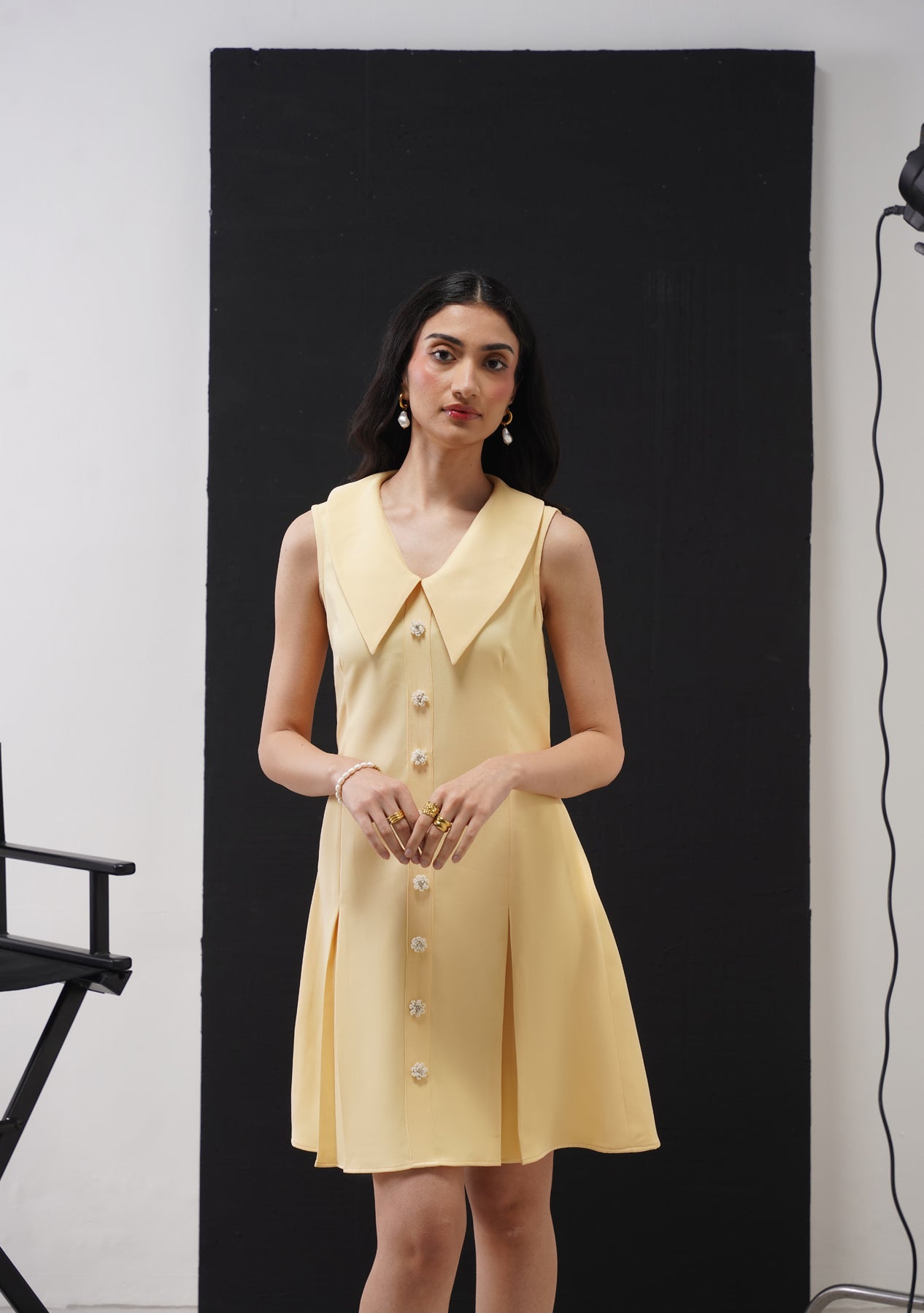 Eva Mini Dress with Embellished Flowers (Butter Yellow)