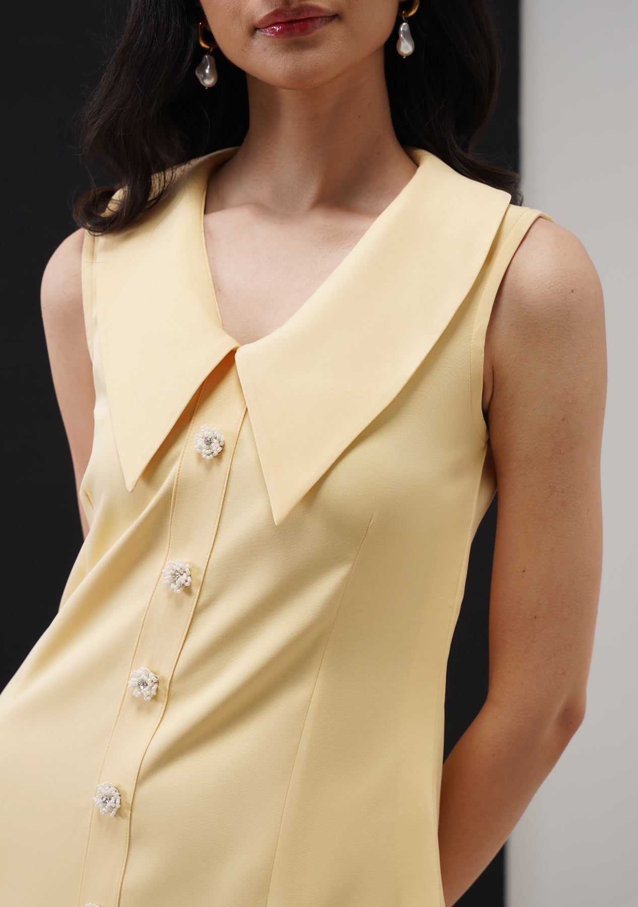 Eva Mini Dress with Embellished Flowers (Butter Yellow)