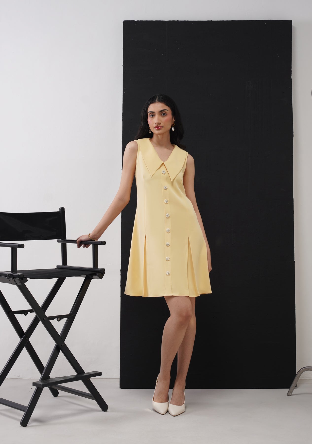 Eva Mini Dress with Embellished Flowers (Butter Yellow)