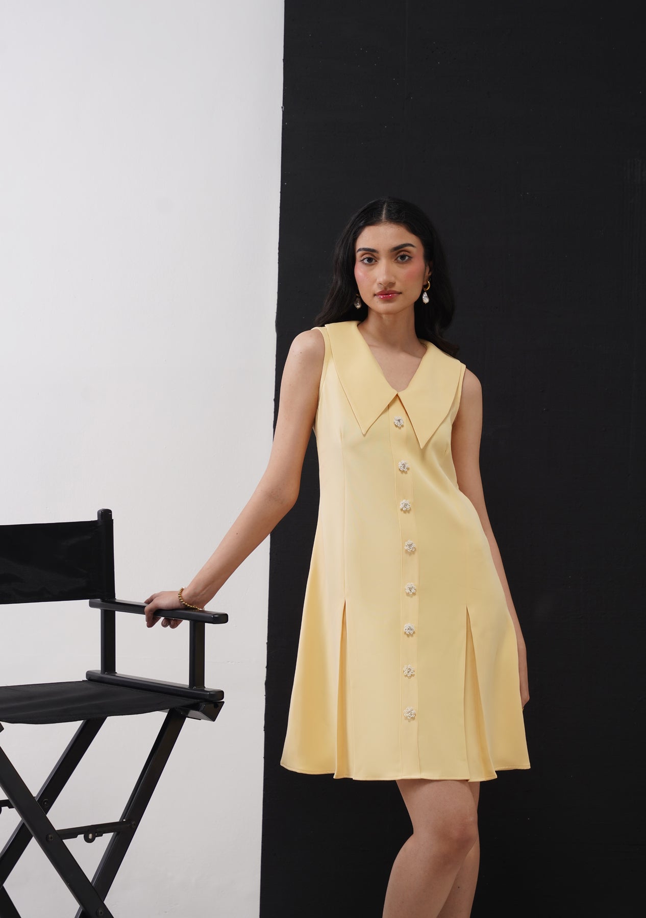 Eva Mini Dress with Embellished Flowers (Butter Yellow)