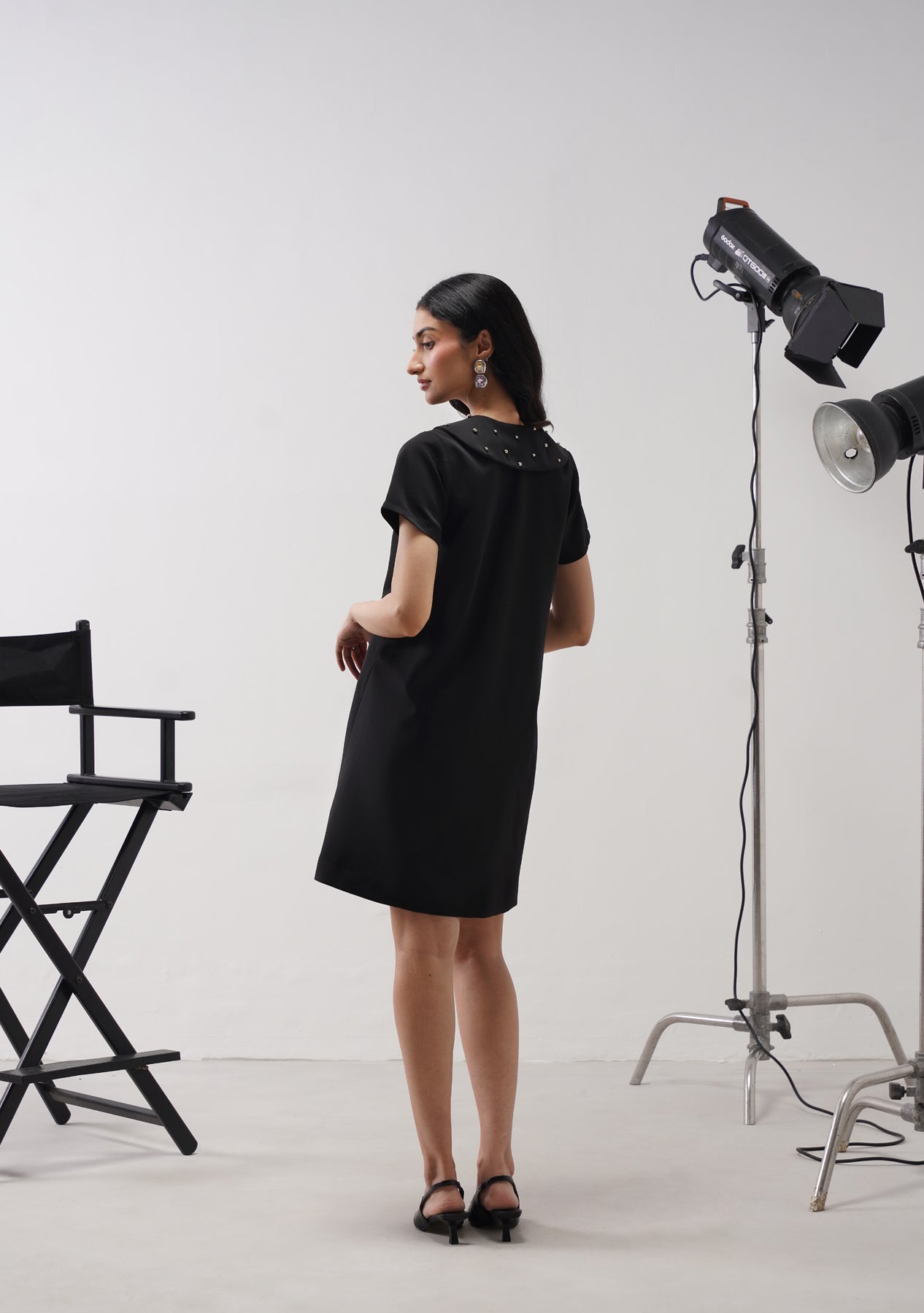 Flap Collar Dress with Embellished Pearls (Black)