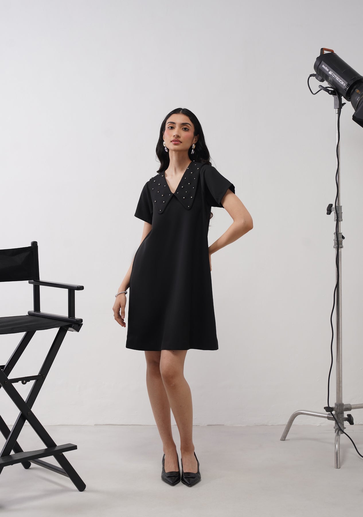 Flap Collar Dress with Embellished Pearls (Black)