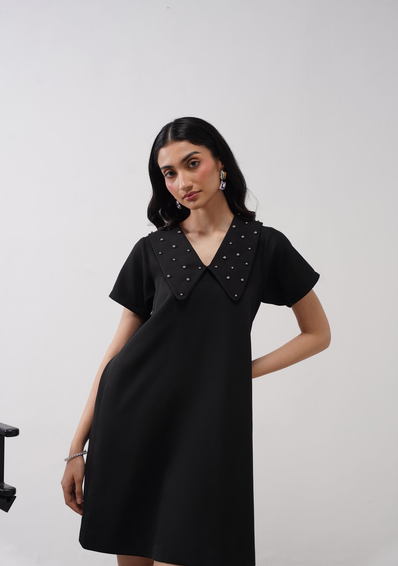 Flap Collar Dress with Embellished Pearls (Black)