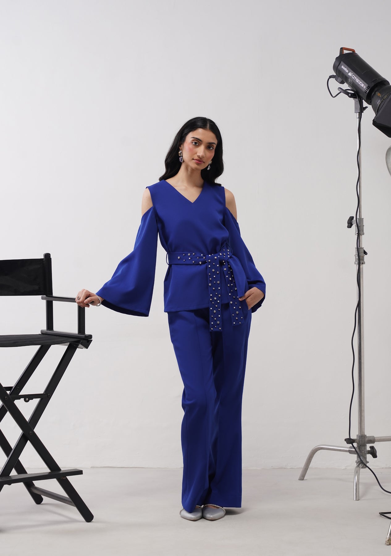 Cold Shoulder Co-ord Set with rhinestone belt (Electric Blue)