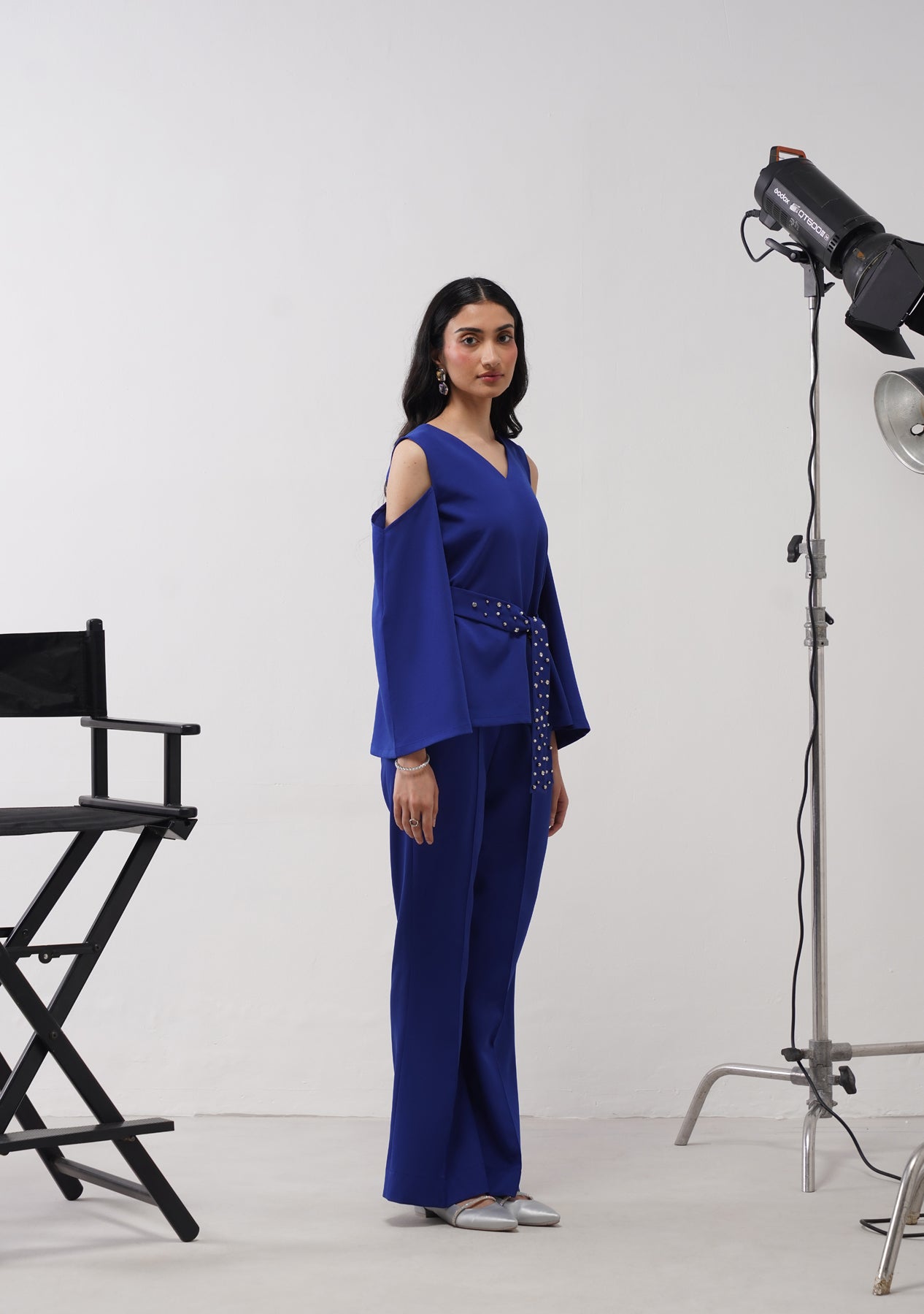 Cold Shoulder Top with rhinestone belt (Electric Blue)