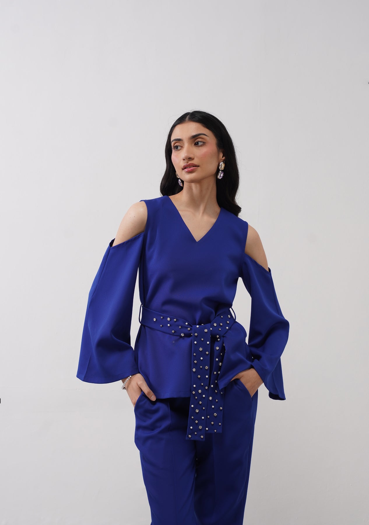 Cold Shoulder Co-ord Set with rhinestone belt (Electric Blue)