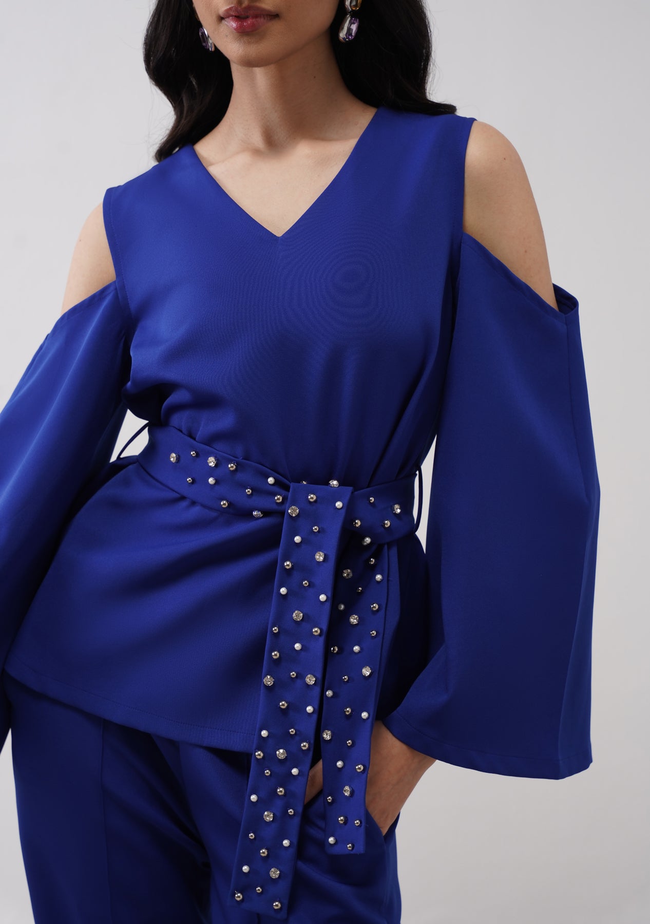 Cold Shoulder Top with rhinestone belt (Electric Blue)