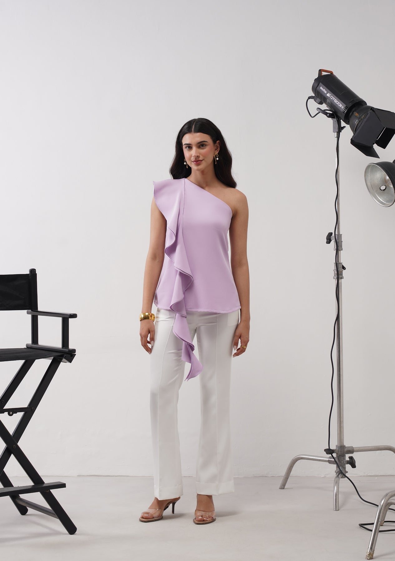 One-Shoulder Cascade Co-ord Set (Lilac)