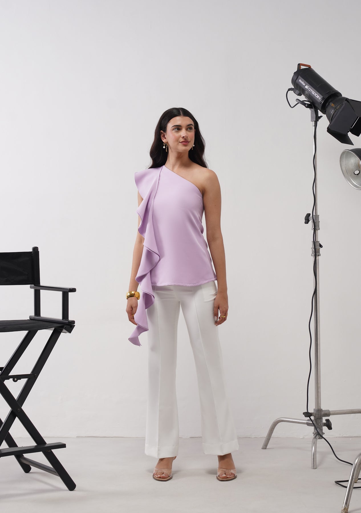 One-Shoulder Cascade Co-ord Set (Lilac)