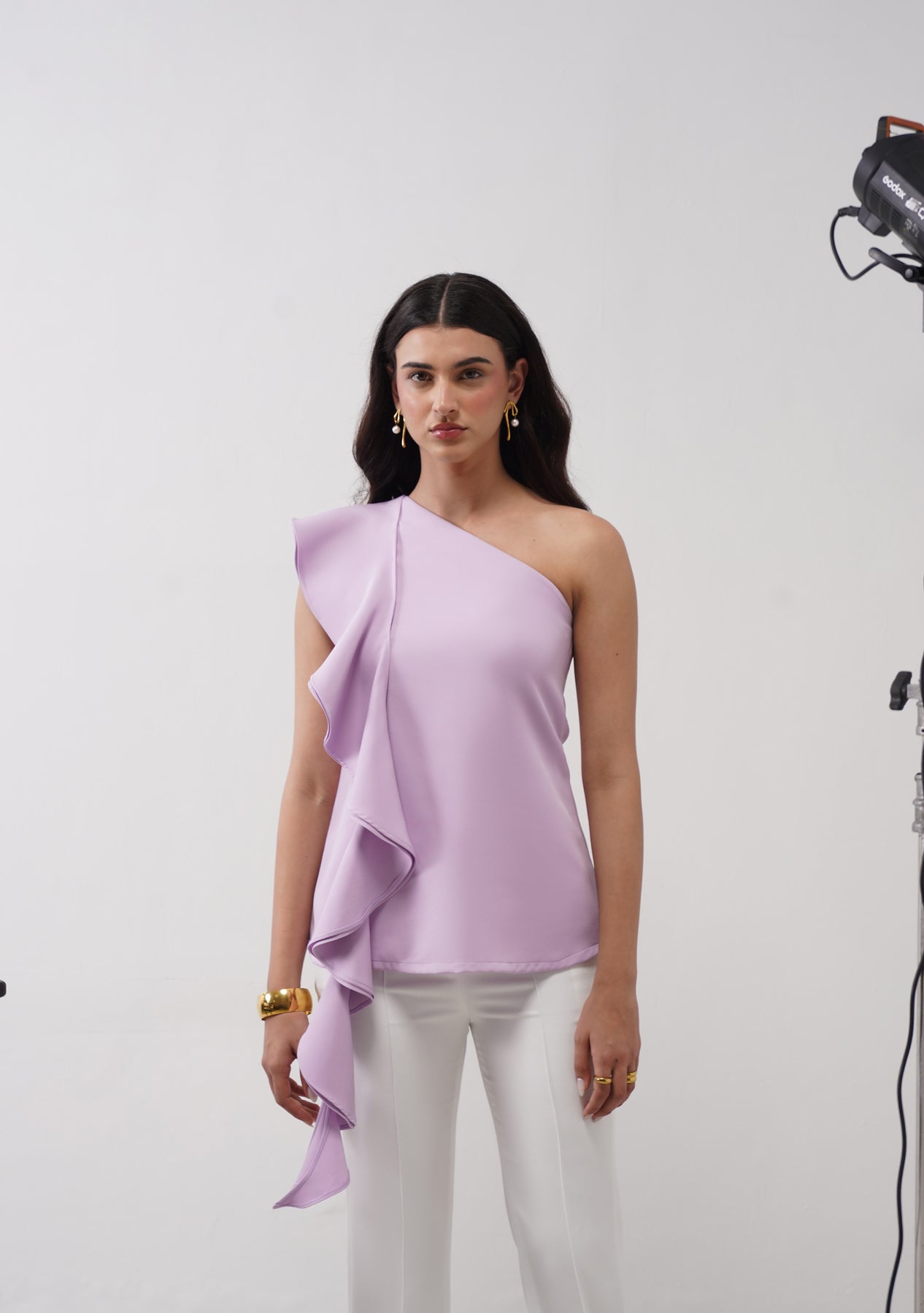 One-Shoulder Cascade Co-ord Set (Lilac)