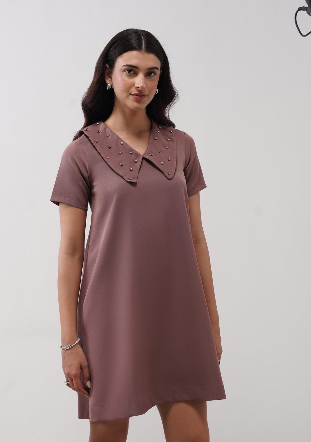 Flap Collar Dress with Embellished Pearls (Mocha Mousse)