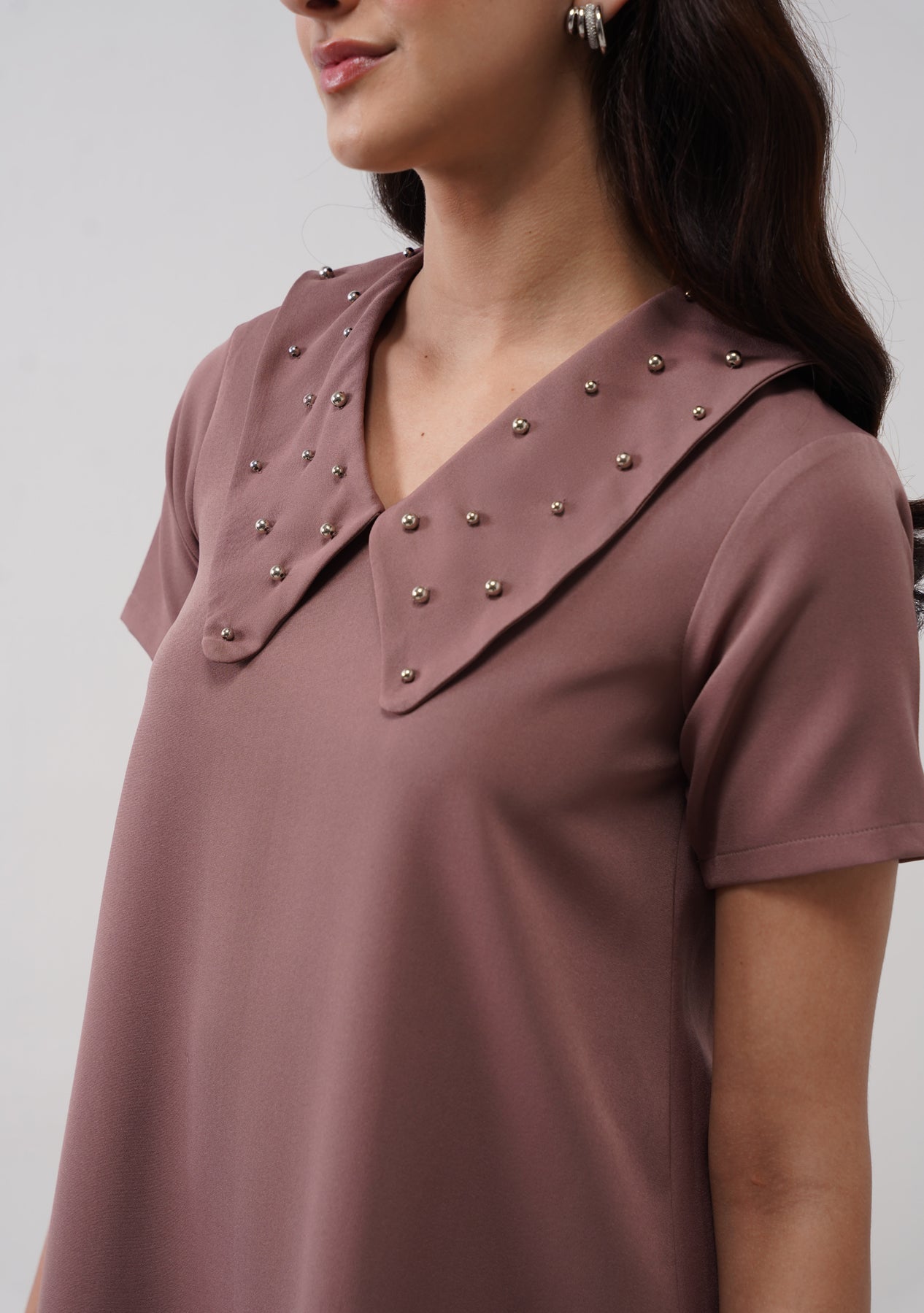 Flap Collar Dress with Embellished Pearls (Mocha Mousse)