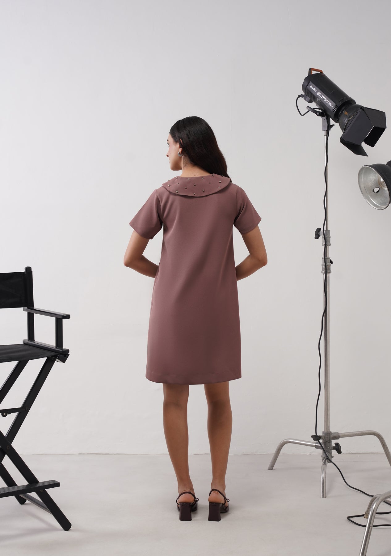 Flap Collar Dress with Embellished Pearls (Mocha Mousse)