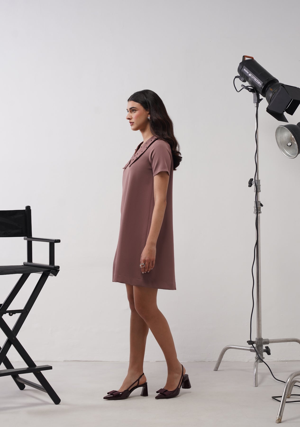 Flap Collar Dress with Embellished Pearls (Mocha Mousse)