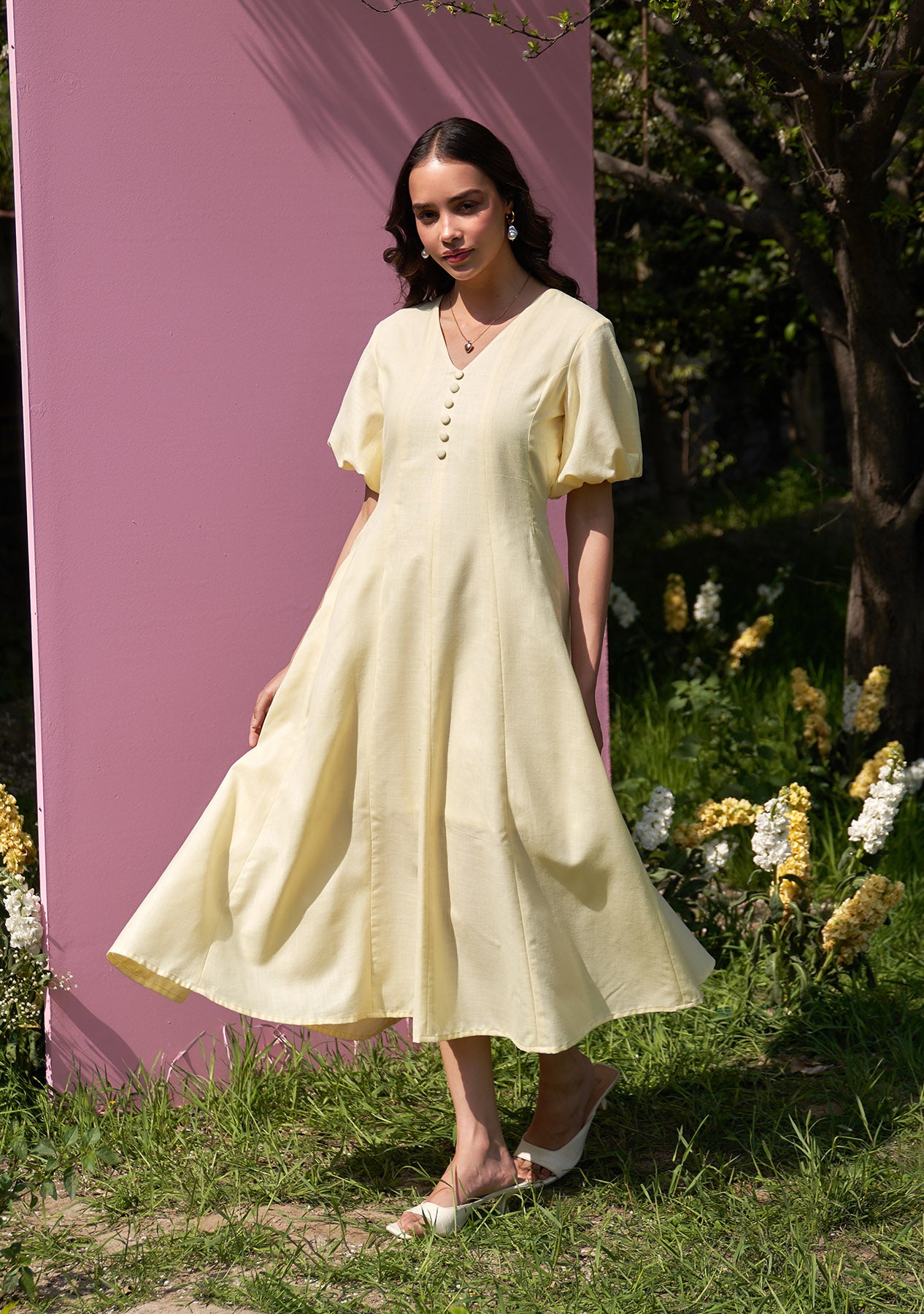 Pia Midi Dress (Butter Yellow) —– amoshi.in