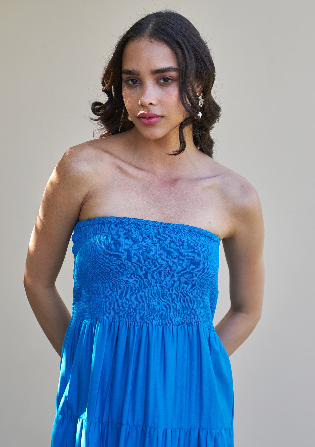 Beatrice Midi Dress with Detachable Sleeves (Blue)