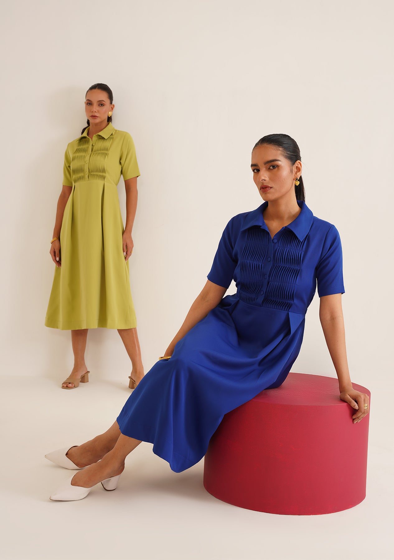 Wave Pintuck Midi Dress (Blue)