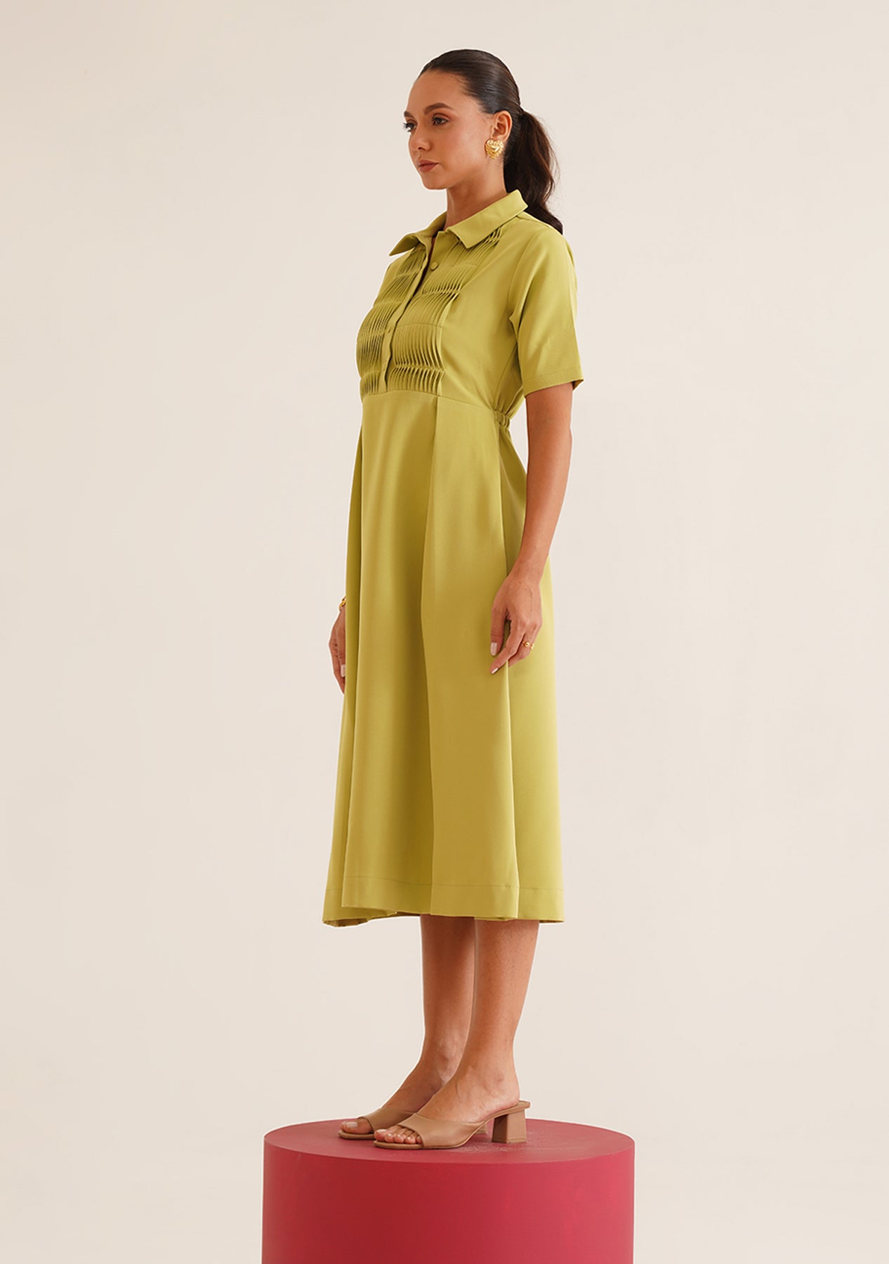 Wave Pintuck Midi Dress (Cyber Green)