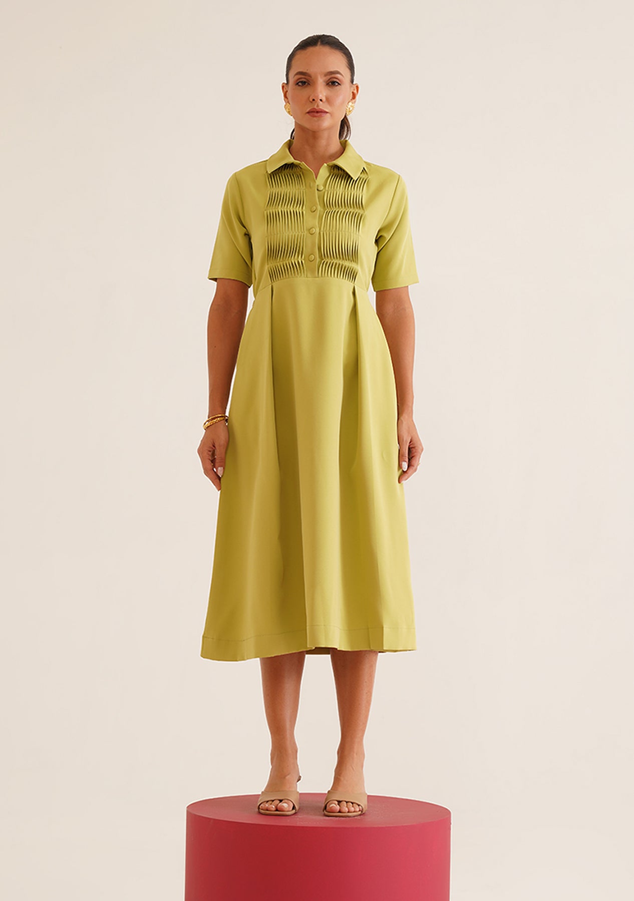 Wave Pintuck Midi Dress (Cyber Green)