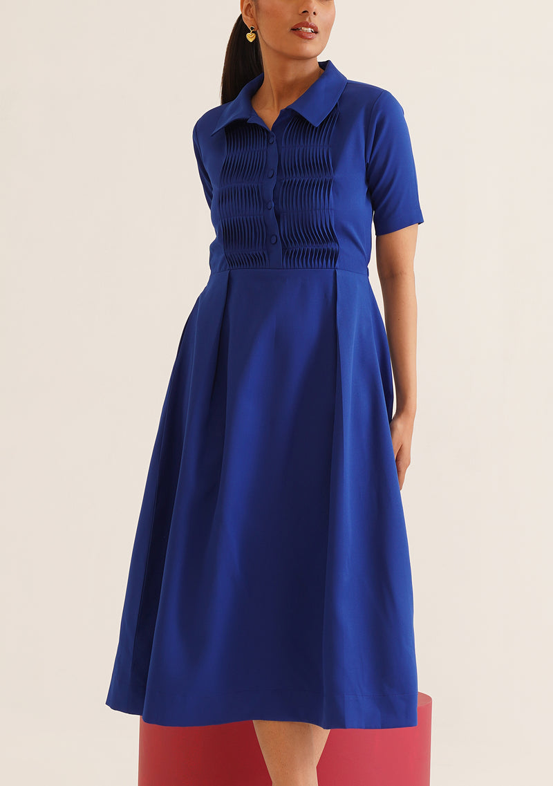 Wave Pintuck Midi Dress (Blue)
